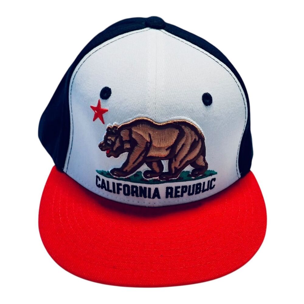 California Republic Bear Embroidered Whang Snapback Hat Flat Bill Red Navy White